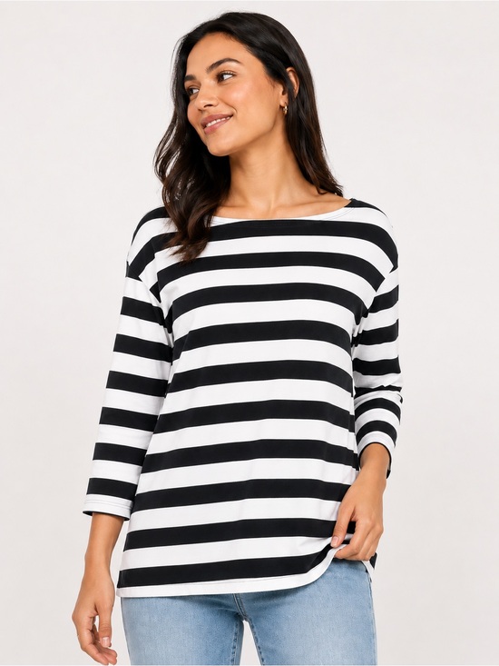 Tops - Striped Boatneck Long-Sleeve Top - Black & White XL